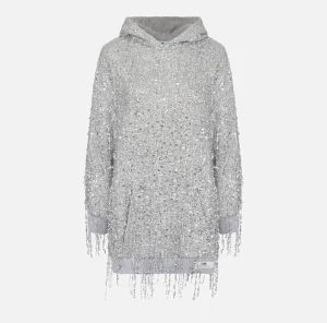 Elisabetta Franchi Mini Abiti | Abiti^Miniabito in felpa con cappuccio e frange di paillettes Silver/GrigioMelange
