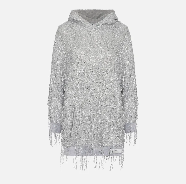 Elisabetta Franchi Mini Abiti | Abiti^Miniabito in felpa con cappuccio e frange di paillettes Silver/GrigioMelange