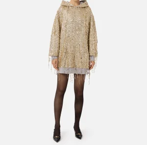 Elisabetta Franchi Mini Abiti | Abiti^Miniabito in felpa con cappuccio e frange di paillettes Gold/GrigioMelange