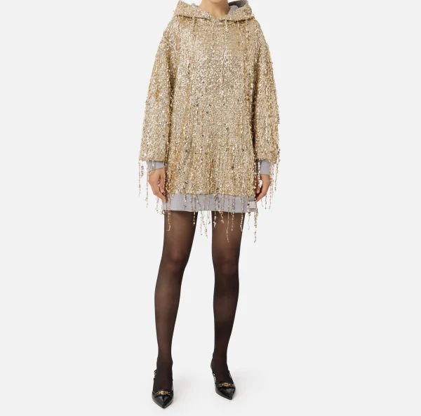 Elisabetta Franchi Mini Abiti | Abiti^Miniabito in felpa con cappuccio e frange di paillettes Gold/GrigioMelange