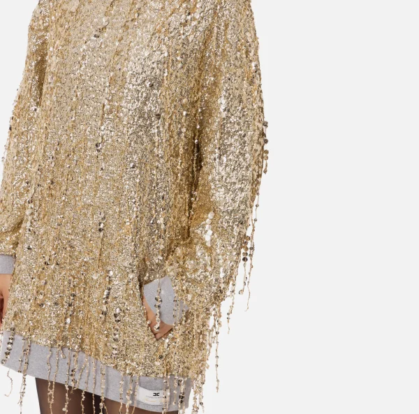 Elisabetta Franchi Mini Abiti | Abiti^Miniabito in felpa con cappuccio e frange di paillettes Gold/GrigioMelange