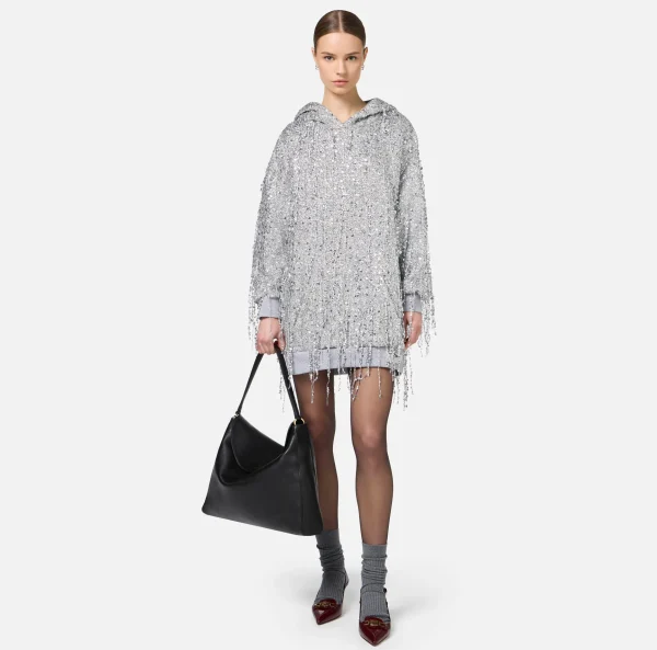 Elisabetta Franchi Mini Abiti | Abiti^Miniabito in felpa con cappuccio e frange di paillettes Silver/GrigioMelange