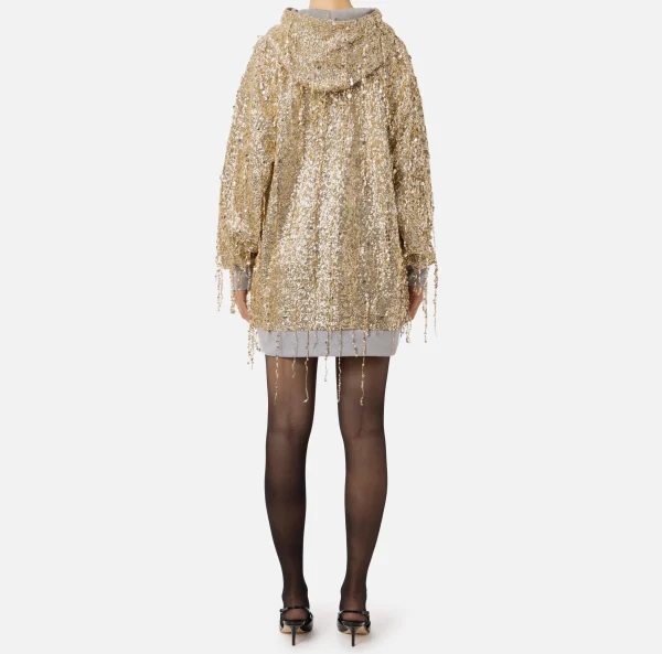 Elisabetta Franchi Mini Abiti | Abiti^Miniabito in felpa con cappuccio e frange di paillettes Gold/GrigioMelange