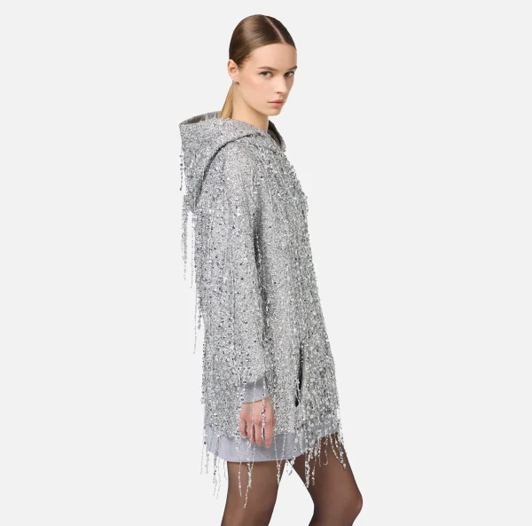 Elisabetta Franchi Mini Abiti | Abiti^Miniabito in felpa con cappuccio e frange di paillettes Silver/GrigioMelange