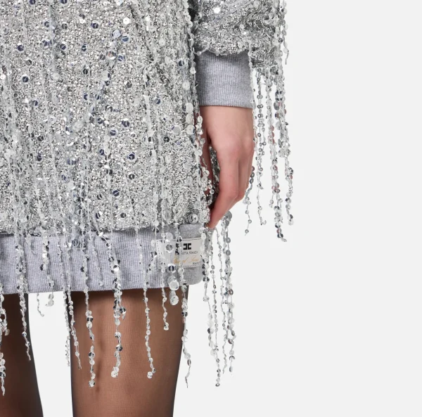 Elisabetta Franchi Mini Abiti | Abiti^Miniabito in felpa con cappuccio e frange di paillettes Silver/GrigioMelange