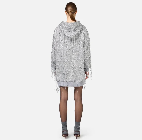 Elisabetta Franchi Mini Abiti | Abiti^Miniabito in felpa con cappuccio e frange di paillettes Silver/GrigioMelange