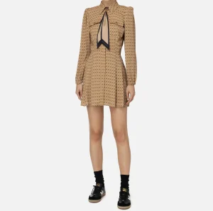 Elisabetta Franchi Mini Abiti | Abiti^Miniabito in georgette stampa rombo con foulard Camel/Nero