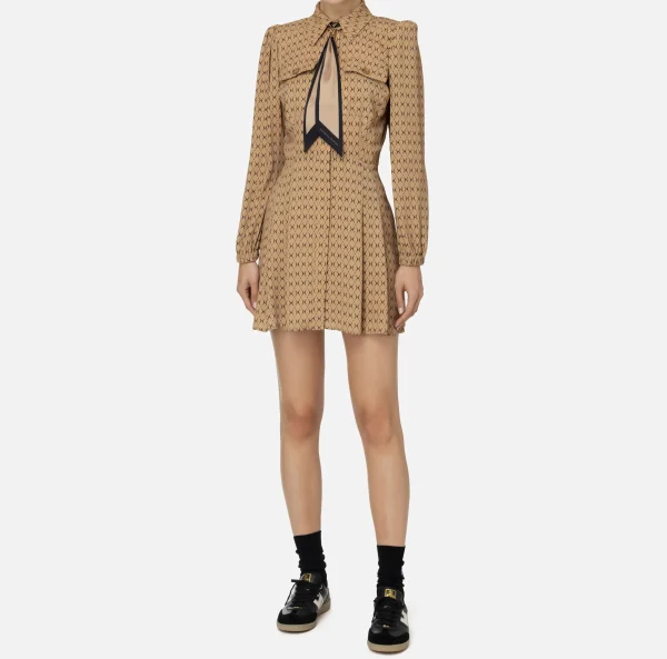 Elisabetta Franchi Mini Abiti | Abiti^Miniabito in georgette stampa rombo con foulard Camel/Nero