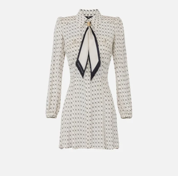Elisabetta Franchi Mini Abiti | Abiti^Miniabito in georgette stampa rombo con foulard Nero/Burro