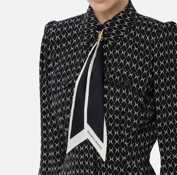 Elisabetta Franchi Mini Abiti | Abiti^Miniabito in georgette stampa rombo con foulard Nero/Burro