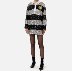 Elisabetta Franchi Mini Abiti | Abiti^Miniabito in paillettes a righe con colletto a camicia Argento/Nero