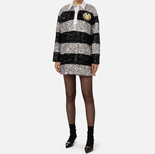 Elisabetta Franchi Mini Abiti | Abiti^Miniabito in paillettes a righe con colletto a camicia Argento/Nero