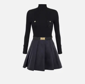 Elisabetta Franchi Mini Abiti | Abiti In Maglia^Miniabito in viscosa e seta a costine con ricamo logo Nero