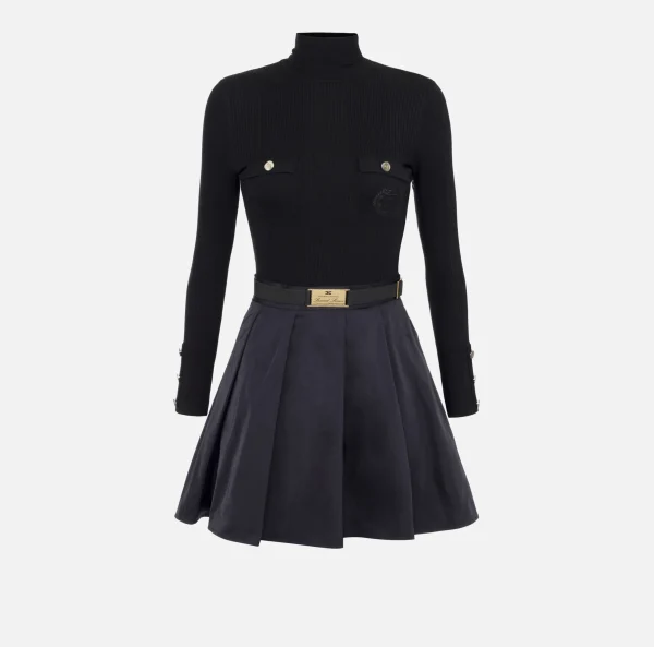 Elisabetta Franchi Mini Abiti | Abiti In Maglia^Miniabito in viscosa e seta a costine con ricamo logo Nero
