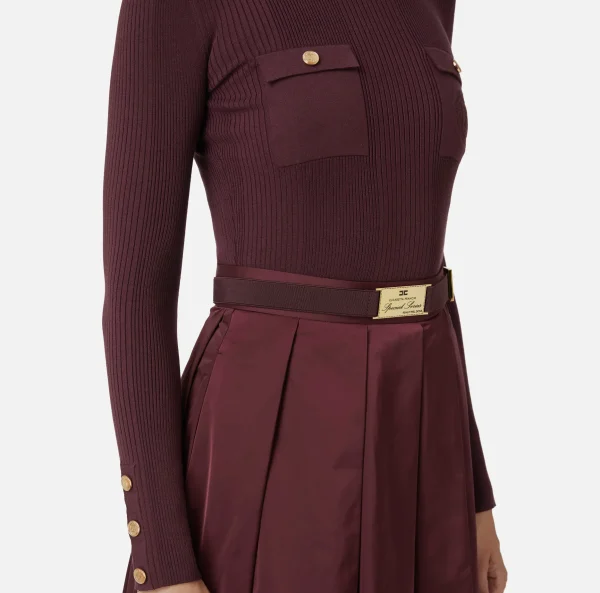 Elisabetta Franchi Mini Abiti | Abiti In Maglia^Miniabito in viscosa e seta a costine con ricamo logo RougeNoir