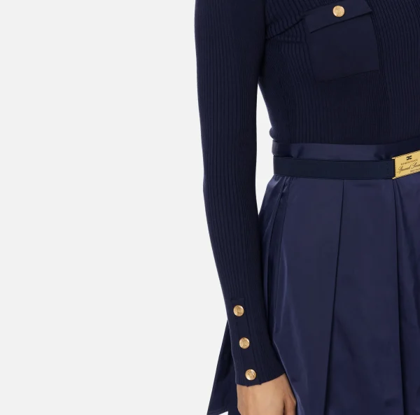 Elisabetta Franchi Mini Abiti | Abiti In Maglia^Miniabito in viscosa e seta a costine con ricamo logo Navy