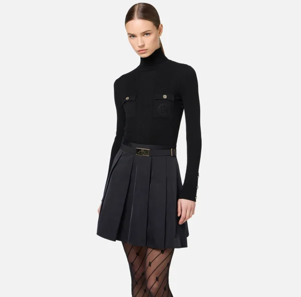 Elisabetta Franchi Mini Abiti | Abiti In Maglia^Miniabito in viscosa e seta a costine con ricamo logo Nero
