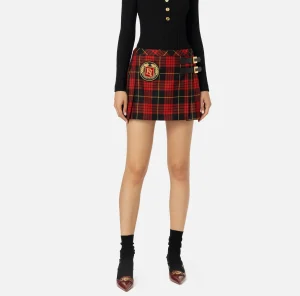 Elisabetta Franchi Gonne^Minigonna a pieghe in lana tartan con patch ricamato Nero/RedPassion