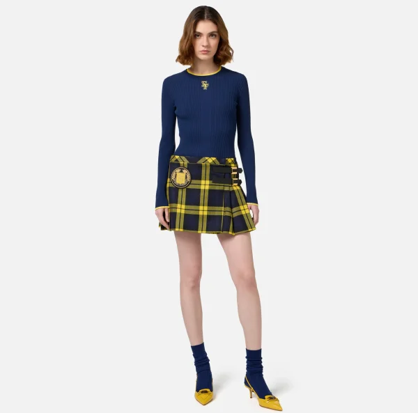 Elisabetta Franchi Gonne^Minigonna a pieghe in lana tartan con patch ricamato Navy/Mimosa