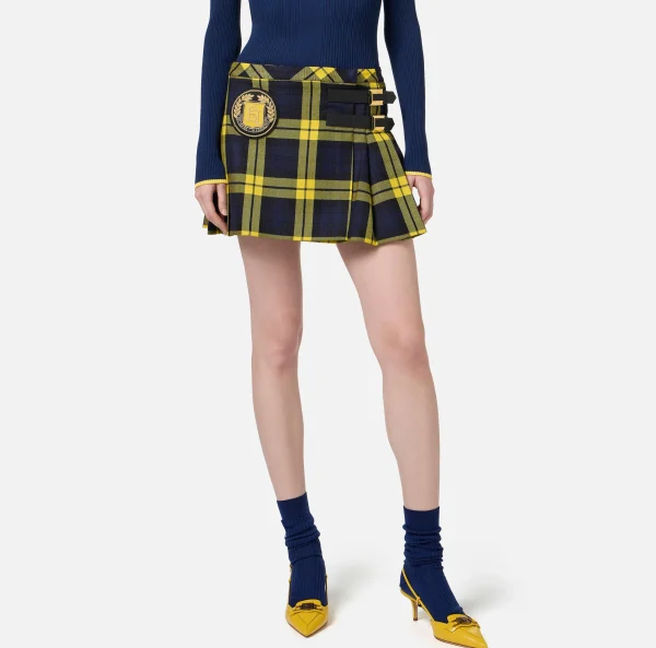 Elisabetta Franchi Gonne^Minigonna a pieghe in lana tartan con patch ricamato Navy/Mimosa