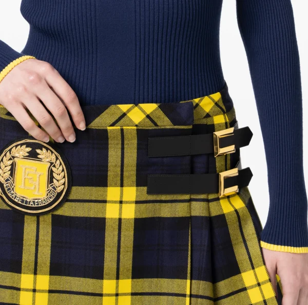 Elisabetta Franchi Gonne^Minigonna a pieghe in lana tartan con patch ricamato Navy/Mimosa