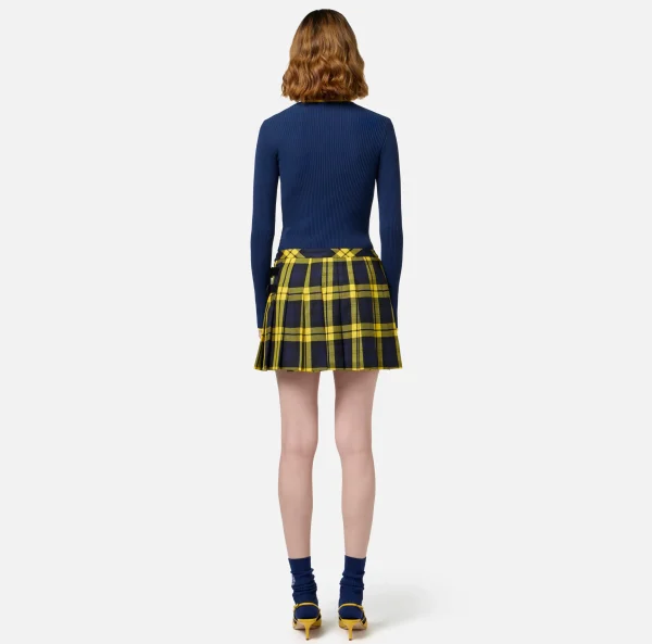 Elisabetta Franchi Gonne^Minigonna a pieghe in lana tartan con patch ricamato Navy/Mimosa