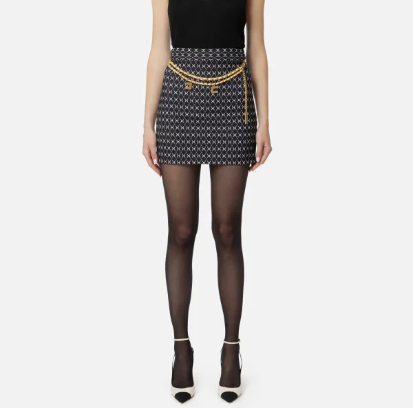 Elisabetta Franchi Tailleur | Gonne^Minigonna in crêpe stampa rombo con catena Nero/Burro