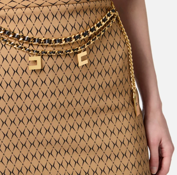 Elisabetta Franchi Tailleur | Gonne^Minigonna in crêpe stampa rombo con catena Camel/Nero