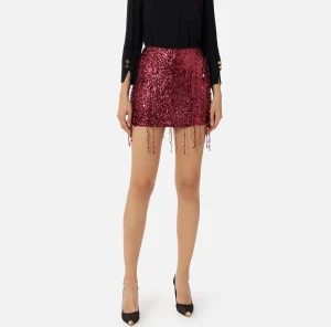 Elisabetta Franchi Gonne^Minigonna in tulle ricamata con frange di paillettes RougeNoir