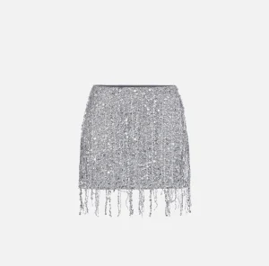 Elisabetta Franchi Gonne^Minigonna in tulle ricamata con frange di paillettes Silver