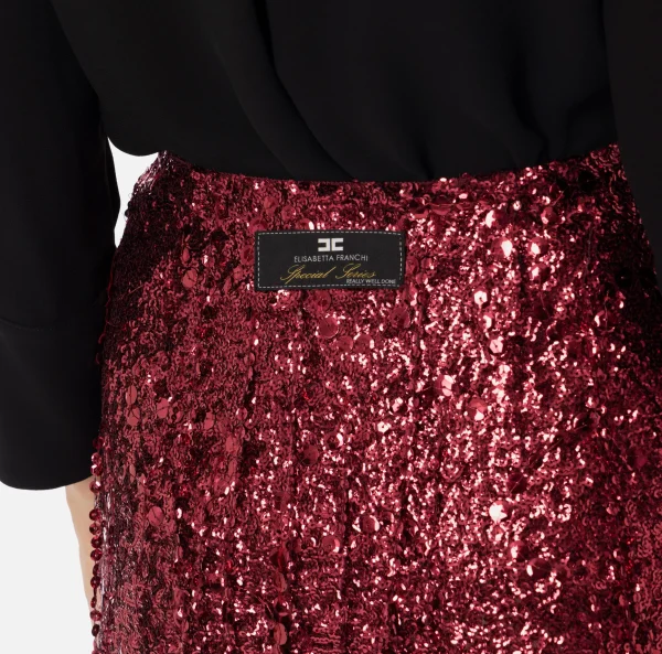 Elisabetta Franchi Gonne^Minigonna in tulle ricamata con frange di paillettes RougeNoir