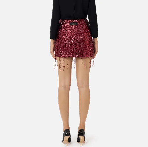 Elisabetta Franchi Gonne^Minigonna in tulle ricamata con frange di paillettes RougeNoir