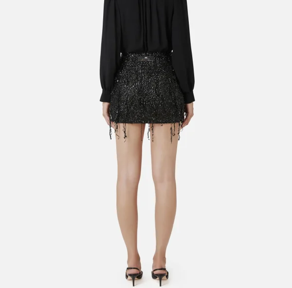Elisabetta Franchi Gonne^Minigonna in tulle ricamata con frange di paillettes Nero
