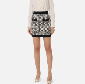 Elisabetta Franchi Gonne^Minigonna in viscosa jacquard con logo Burro/Nero