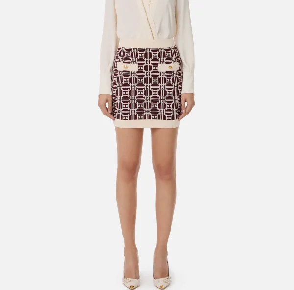 Elisabetta Franchi Gonne^Minigonna in viscosa jacquard con logo RougeNoir/Burro