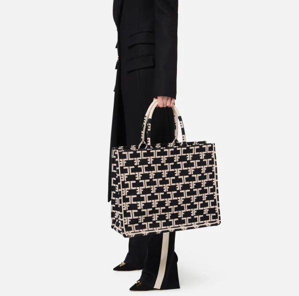 Elisabetta Franchi Borse A Mano^Monogram Tote Large Nero/Burro