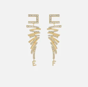 Elisabetta Franchi Bijoux^Orecchini logo in metallo dorato e strass design zig zag OroGiallo