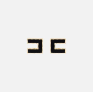 Elisabetta Franchi Bijoux^Orecchini logo in metallo dorato e velluto OroGiallo/Nero