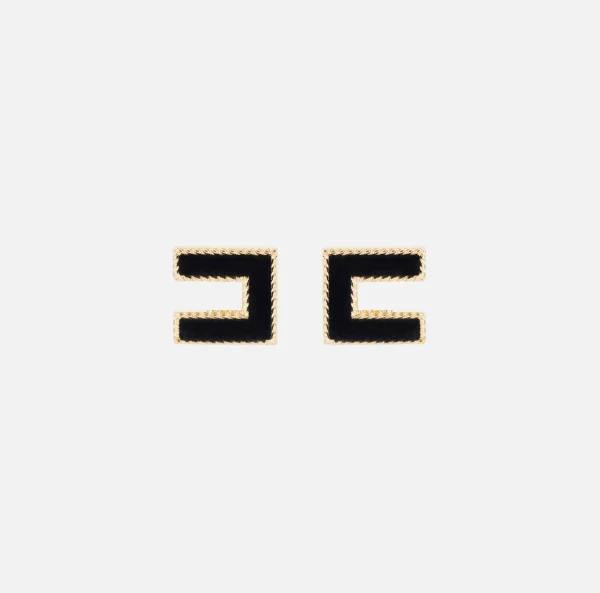 Elisabetta Franchi Bijoux^Orecchini logo in metallo dorato e velluto OroGiallo/Nero
