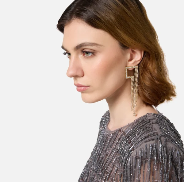 Elisabetta Franchi Bijoux^Orecchini logo in metallo silver con pendenti OroGiallo