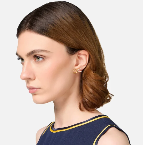 Elisabetta Franchi Bijoux^Orecchini logo in metallo dorato e strass OroGiallo