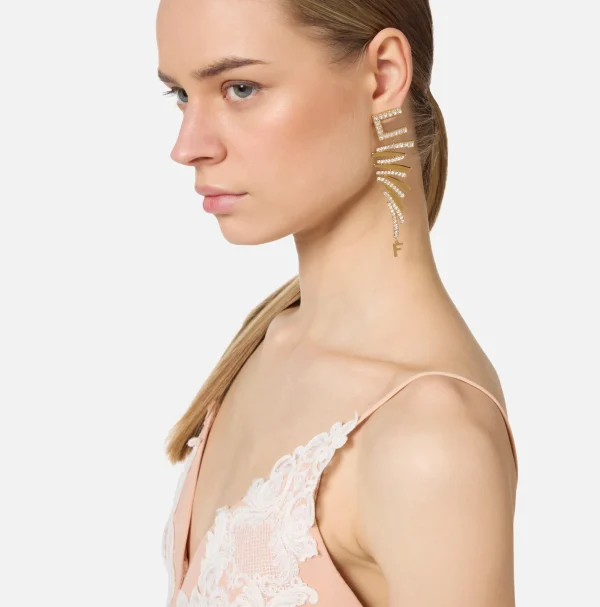 Elisabetta Franchi Bijoux^Orecchini logo in metallo dorato e strass design zig zag OroGiallo