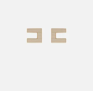 Elisabetta Franchi Bijoux^Orecchini logo in ottone a righe smaltate OroGiallo/Avorio