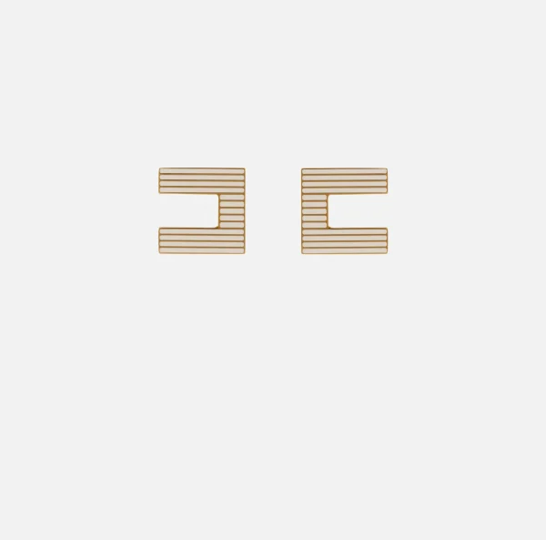 Elisabetta Franchi Bijoux^Orecchini logo in ottone a righe smaltate OroGiallo/Avorio
