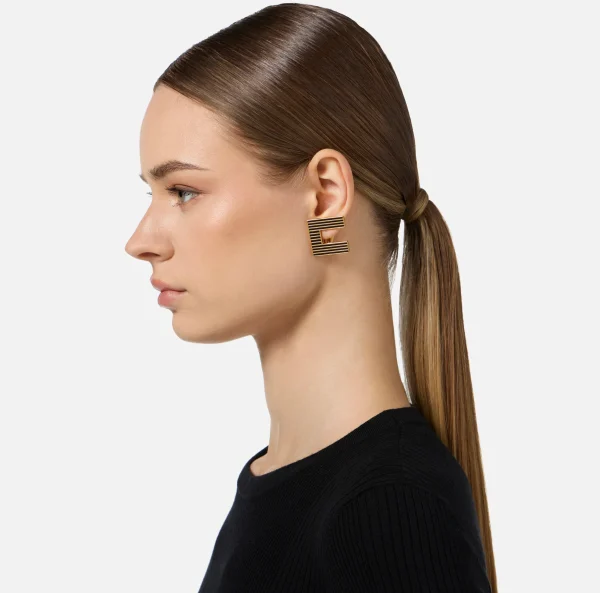 Elisabetta Franchi Bijoux^Orecchini logo in ottone a righe smaltate OroGiallo/Nero