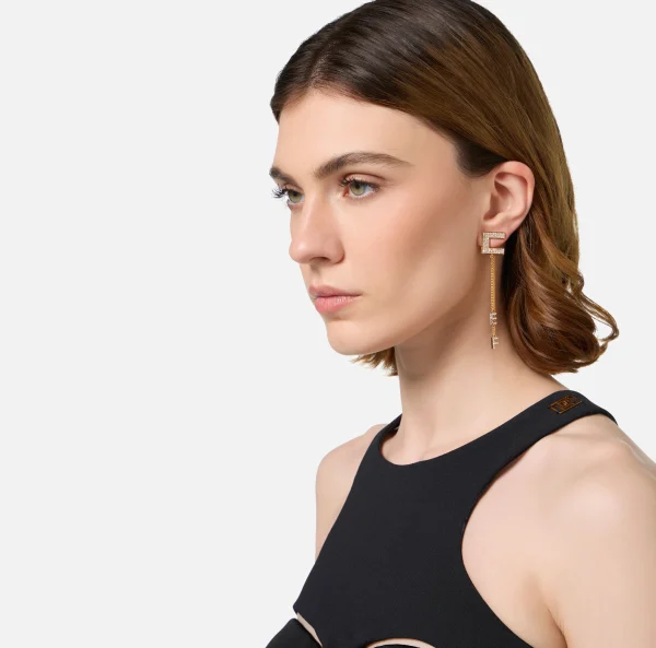 Elisabetta Franchi Bijoux^Orecchini logo in strass con pendenti OroGiallo