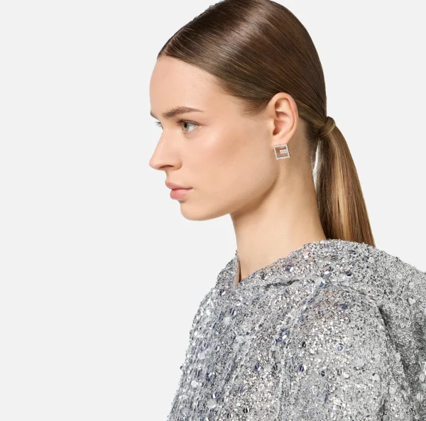 Elisabetta Franchi Bijoux^Orecchini outline logo in strass Silver/Crystal
