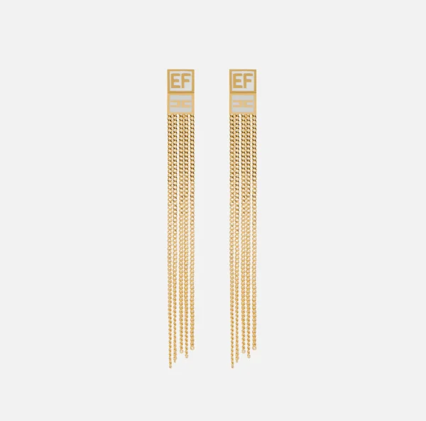 Elisabetta Franchi Bijoux^Orecchini pendenti in metallo con placca logo smaltata OroGiallo/Avorio