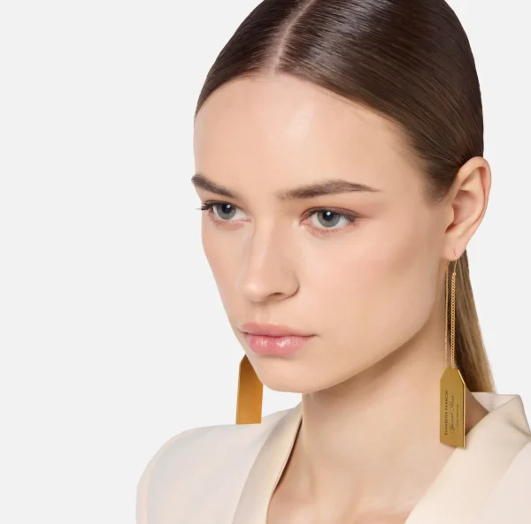 Elisabetta Franchi Bijoux^Orecchini pendenti in metallo con placca logo rettangolare OroGiallo