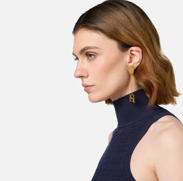 Elisabetta Franchi Bijoux^Orecchini pendenti in metallo con stemma logo OroGiallo